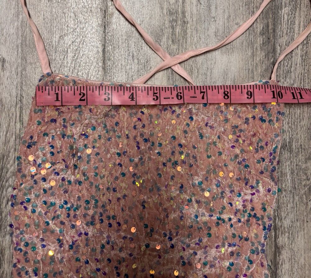 XS Barbiecore Pink Iridescent Sequin Bodycon Mini Dress Lace Up - Picture 8 of 12